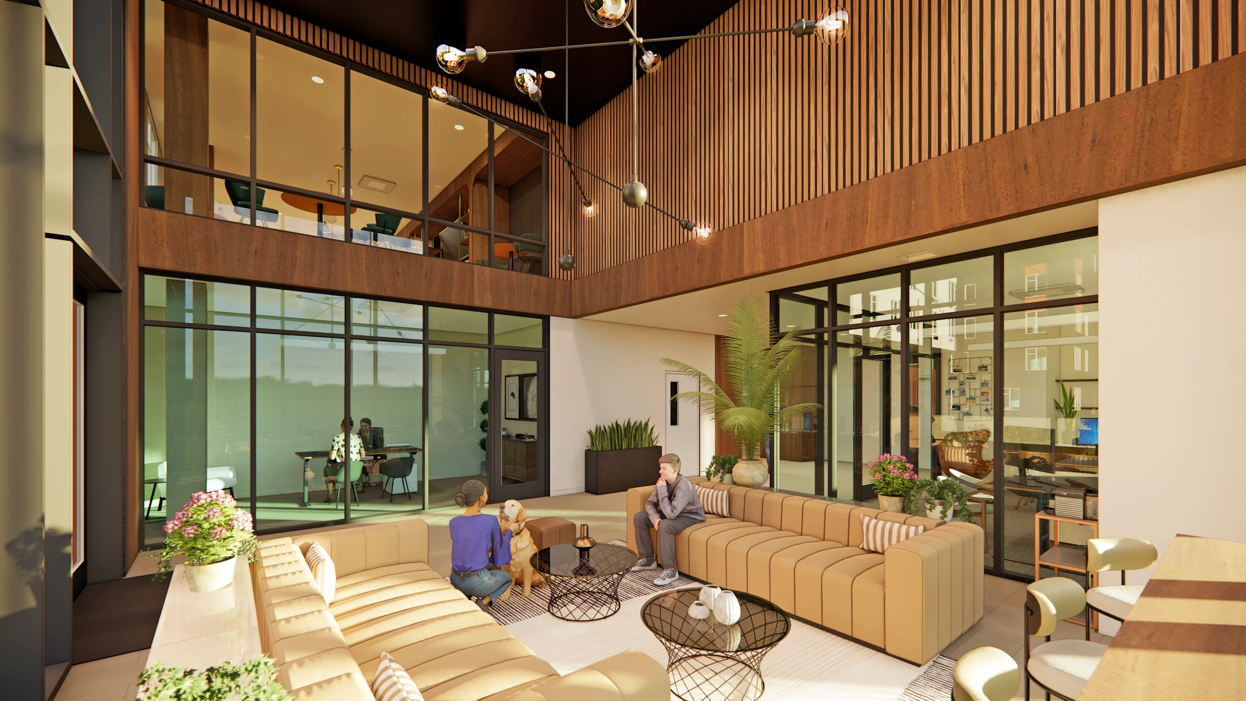 Modern apartment lobby with stylish seating