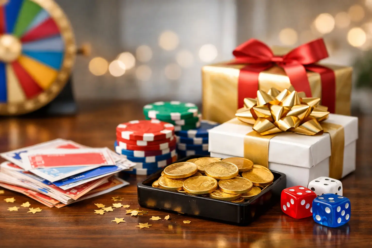A table is laid out with various casino-themed items including stacks of red, green, and blue poker chips, a handful of gold coins in a black dish, several playing cards, a prize wheel in the background, and two wrapped gift boxes adorned with ribbons. Two dice, one red and one blue, are placed in front of the gifts. Scattered gold star confetti adds a festive touch to the wooden surface.