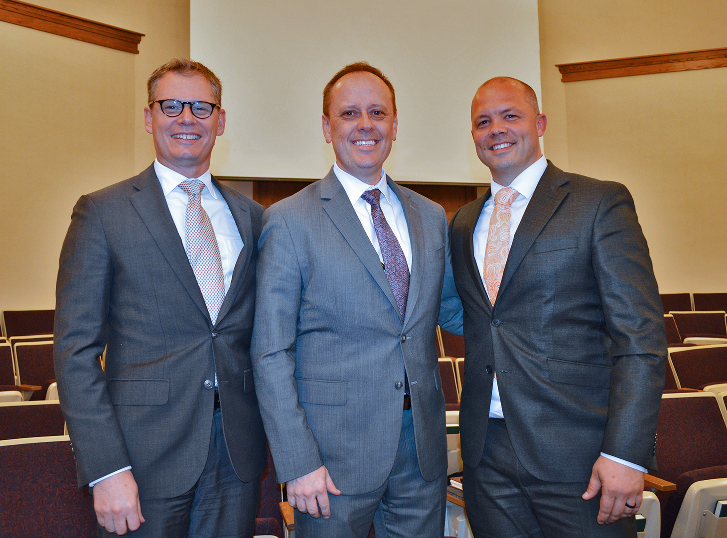 Presidency of the Powder Springs Georgia Stake: President Kenley Shell (center), First Counselor Ben Brooks (left), and Second Counselor Anthony Yandow (right).