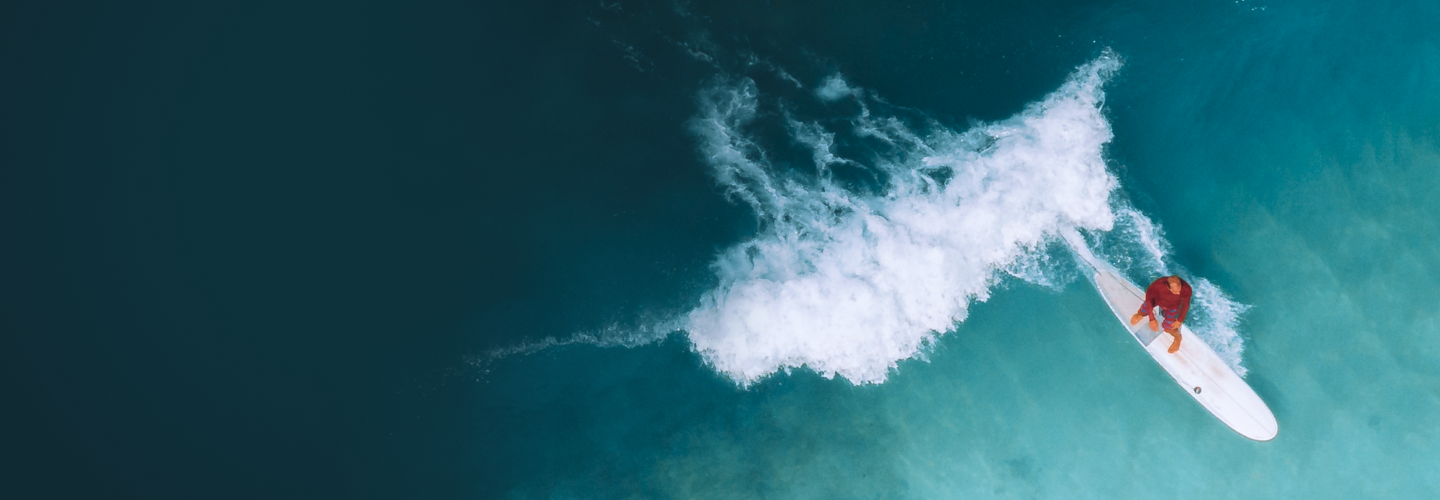 Aerial view of a surfer catching a wave.