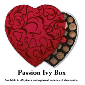 A luxurious Valentine's Day heart-shaped chocolate box from Florence's Exquisite Chocolates in Rexburg, ID. The "Passion Ivy Box" features an elegant red and burgundy swirling ivy design, symbolizing love and romance. Inside, an exquisite selection of 48 handcrafted chocolates—including milk, dark, and assorted varieties—offers a delightful indulgence. This beautifully designed box is perfect for gifting on special occasions, showcasing Florence’s commitment to premium quality and craftsmanship.