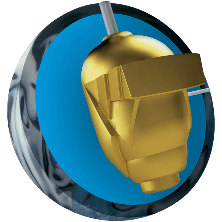 A 3D render of a bowling ball core with a gold, faceted design and a metallic gray swirl pattern on the outer shell, set against a bright blue background.