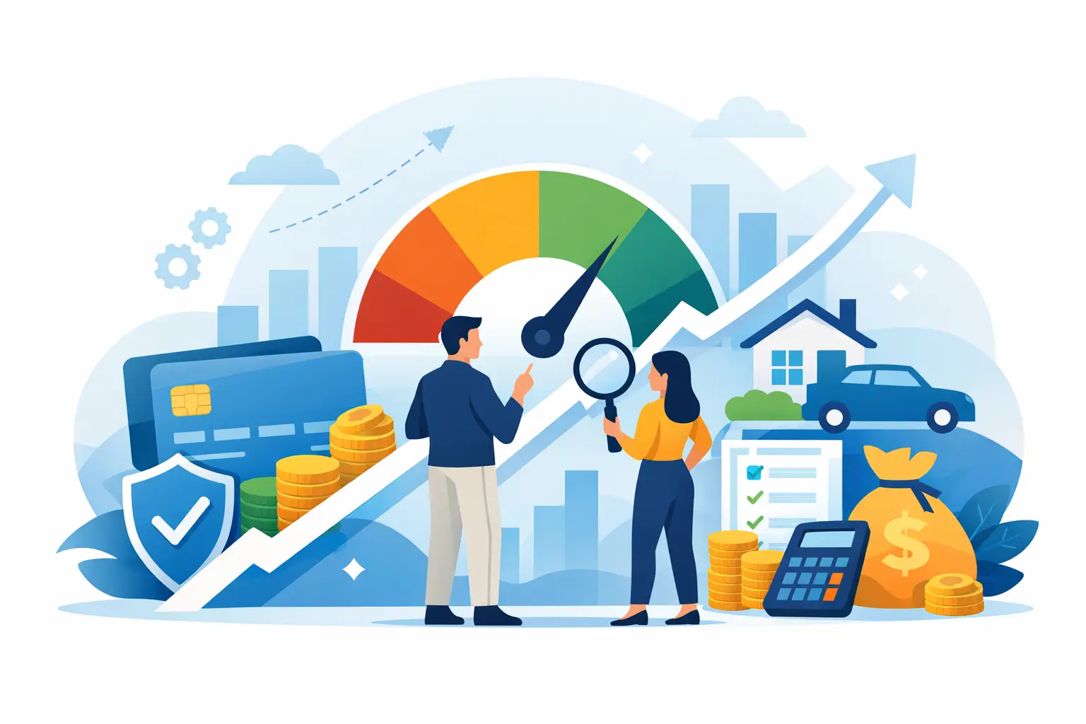 An illustration depicting credit score improvement, featuring a credit score gauge with colors ranging from red to green, two individuals examining financial elements, credit cards, stacks of coins, a shield with a checkmark, a calculator, a bag of money, a house, and a car, all set against a backdrop of bar graphs and an upward trending arrow.