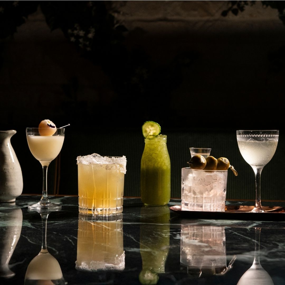 Lychee saketini, Fluffy margarita, East Side cocktail, Catch filthy martini, and white wine