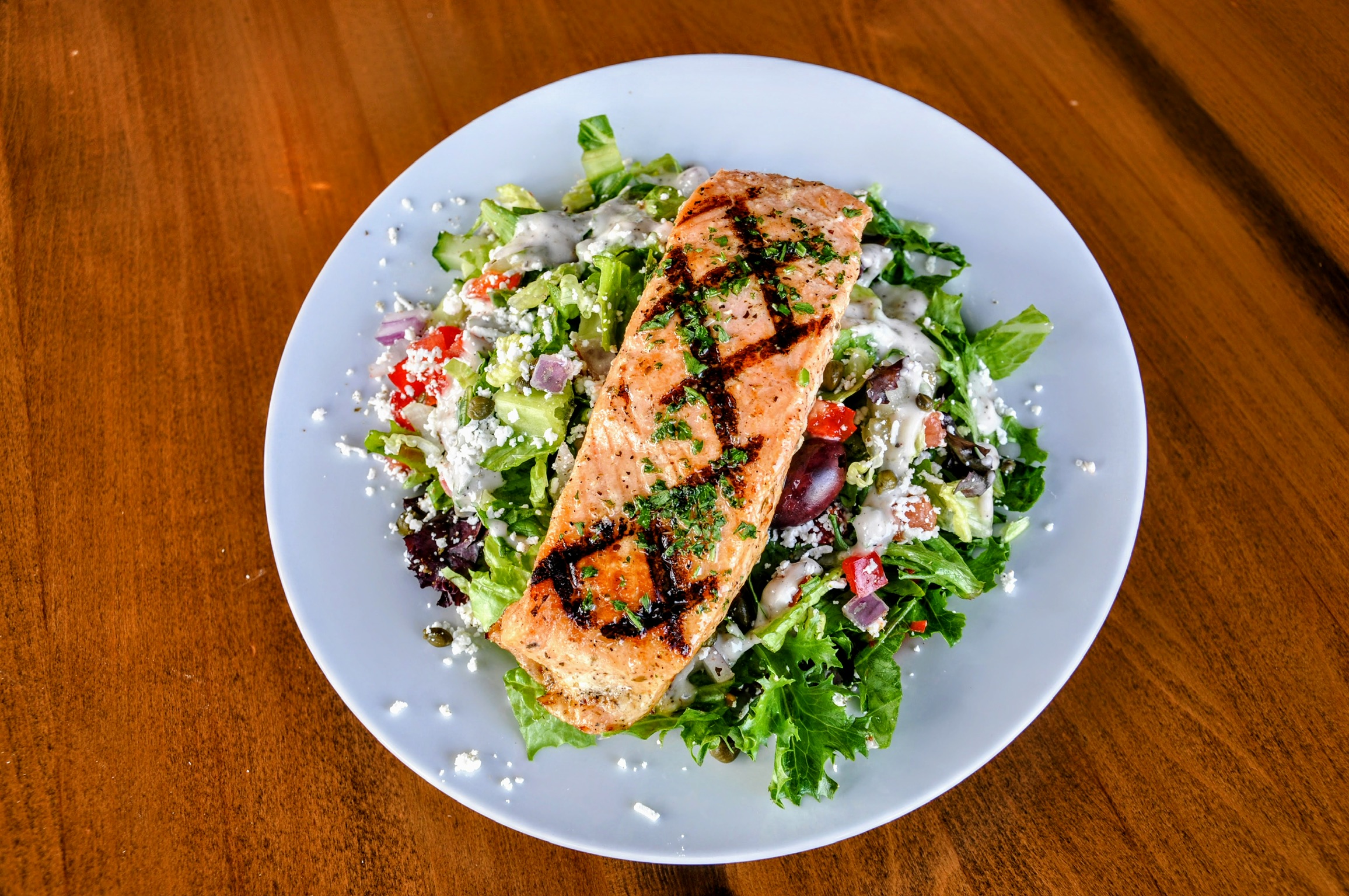 Grilled Salmon Greek Salad