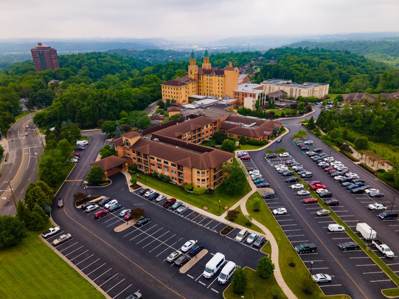 Exterior view of the grounds at Twin Towers Senior Living Community.