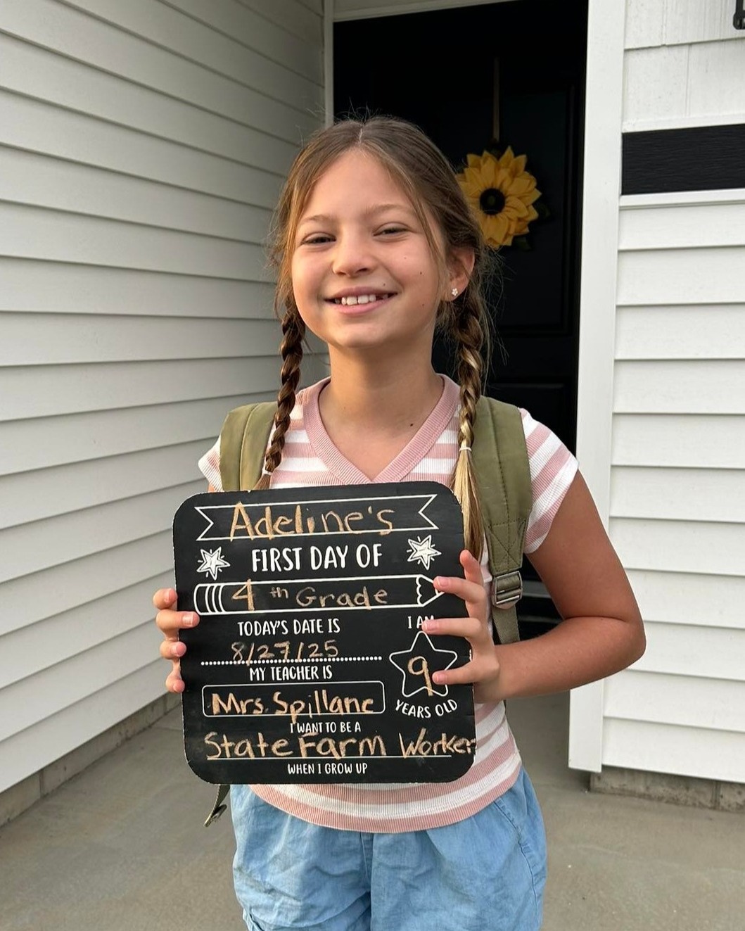 Happy Back to School Day to all the awesome kids in our area! This is my niece Adeline on her first day. Not sure why she’s sucking up or what she wants; but she’s going to get it based on her career aspirations! Most likely getting her some khakis for her birthday this year!