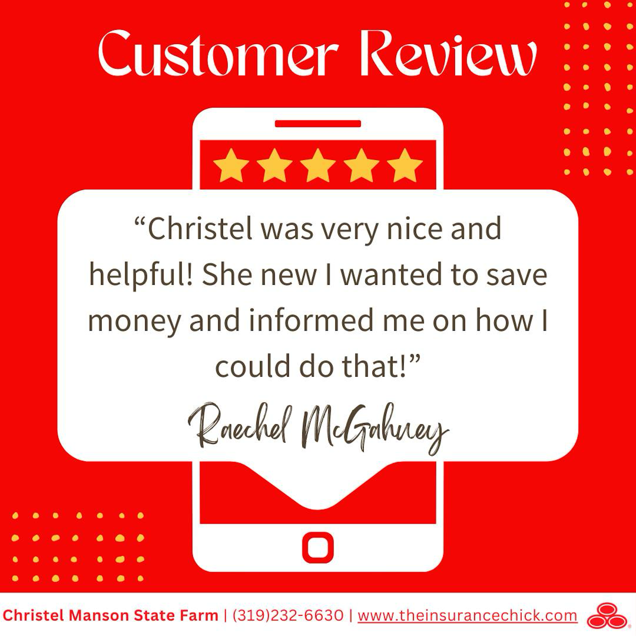 We constantly have our customer's best interests in mind, just like Raechel who gave us a five-star review! Thinking about trying our services? We'd love to help you, too!