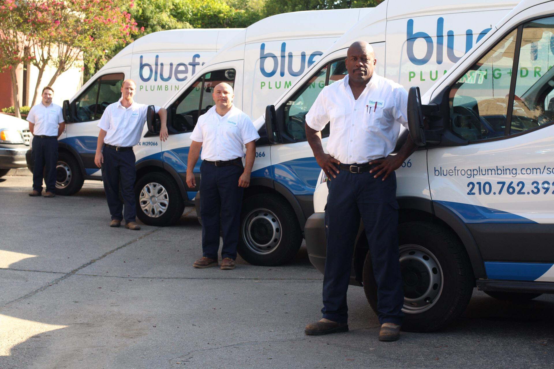 bluefrog Plumbing + Drain techs about to head out in the service van to a plumbing fixture installation and repair call in the San Antonio area.
