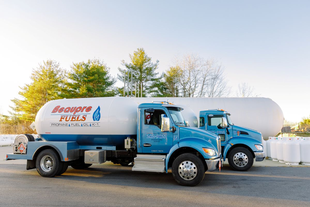 Beaupre Fuels delivery trucks parked at the company&rsquo;s Southern Maine facility. Beaupre Fuels provides dependable propane delivery, heating oil delivery, kerosene, and fuel services for residential and commercial customers across Biddeford and surrounding Maine communities.