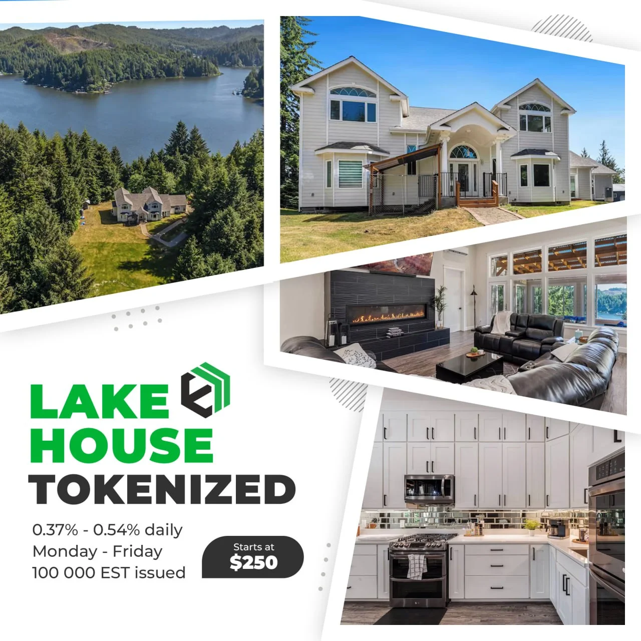 A real estate marketing graphic with the title 'LAKE HOUSE TOKENIZED'. The graphic displays three im 