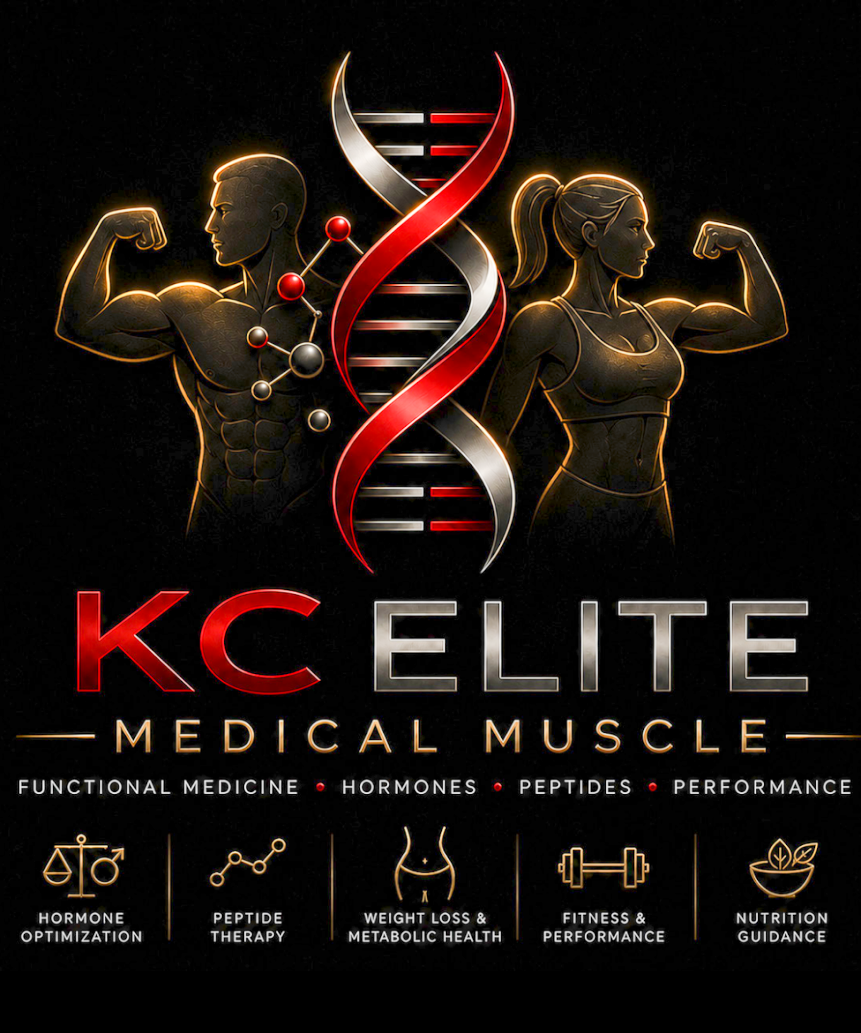 A dark, dramatic graphic featuring stylized figures of a man and a woman flexing their biceps, positioned on either side of a prominent DNA helix. Below them, the text "KC ELITE MEDICAL MUSCLE" is displayed, followed by subheadings "FUNCTIONAL MEDICINE", "HORMONES", "PEPTIDES", and "PERFORMANCE". At the bottom, five circular icons illustrate various wellness services: "HORMONE OPTIMIZATION", "PEPTIDE THERAPY", "WEIGHT LOSS & METABOLIC HEALTH", "FITNESS & PERFORMANCE", and "NUTRITION GUIDANCE". The overall aesthetic is modern, science-focused, and emphasizes physical fitness and medical enhancement.