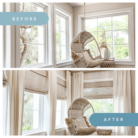 Before and After some beautiful drapery and shades were combined to bring the beauty of nature indoors. The team at Budget Blinds of Rockwall, Forney, Terrell and Rockwall can bring your inspiration to life.