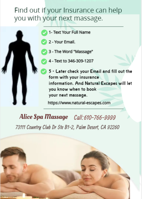 Text Today to 346-309-1207 Your Full Name Your Email The word Massage. Later check your email, And find out if your insurance can help with your next massage.