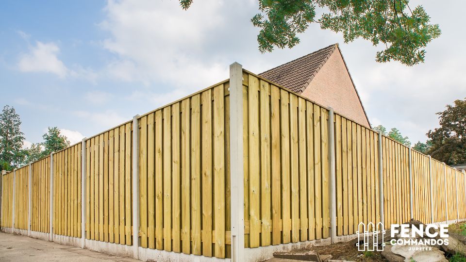 Continuous full-height pressure-treated wood privacy fence enclosure surrounding a coastal home lot. 