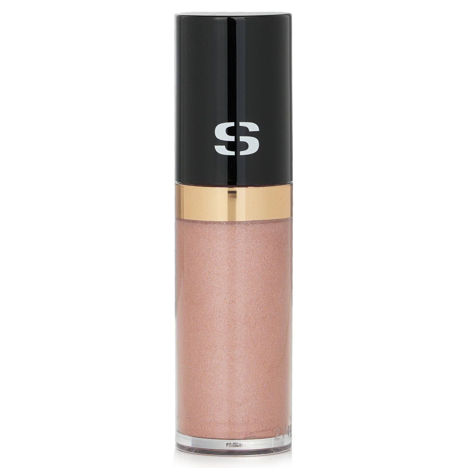 A close-up, studio shot of a Sisley brand liquid eyeshadow or similar makeup product. The product features a black cap with a prominent white 'S' logo, a gold band, and a clear glass bottle containing a shimmering rose gold liquid. The background is solid white, isolating the product for a clean presentation.