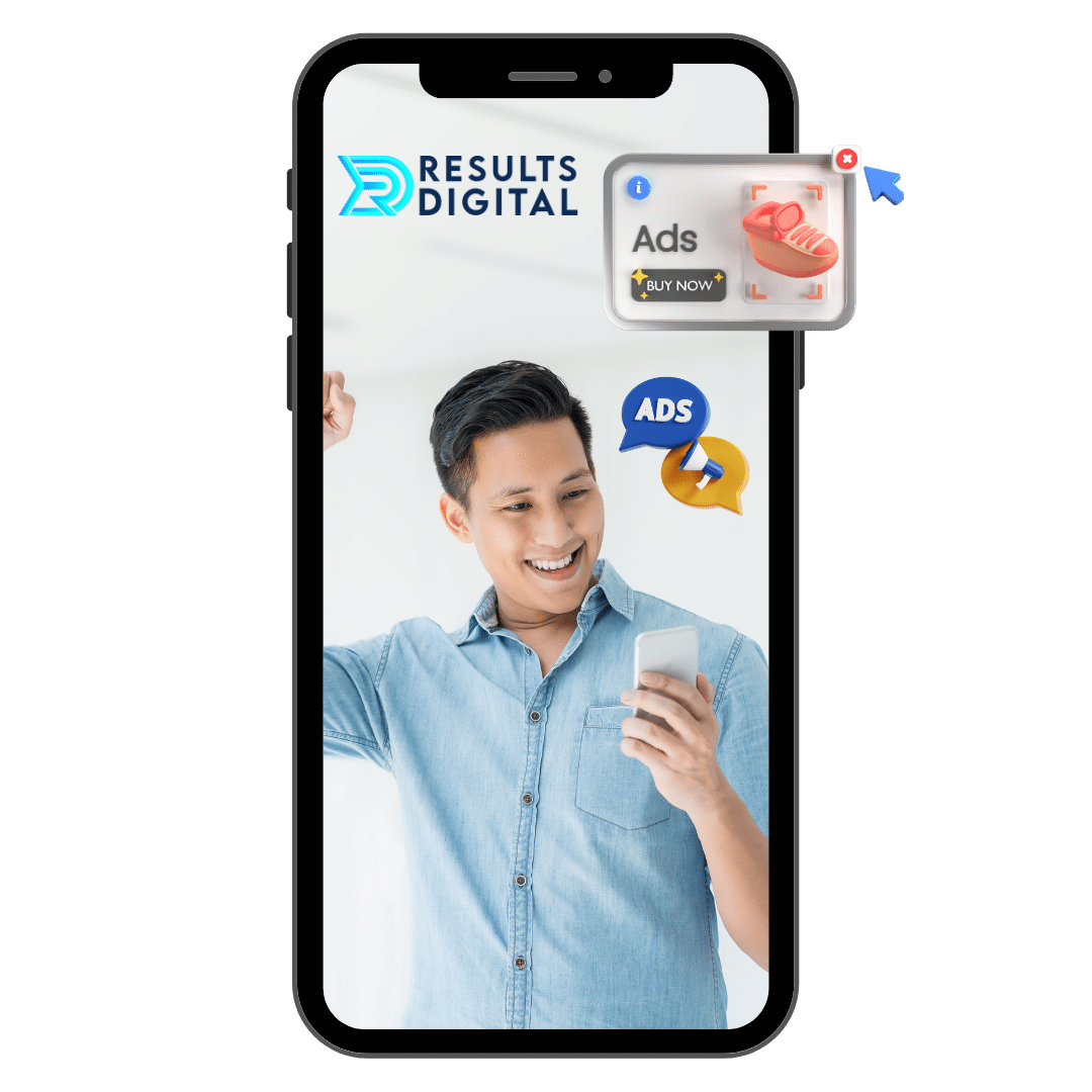 A man joyfully checks his phone, surrounded by digital ads, including a red shoe with "Buy Now" text. The image emphasizes engaging advertising.