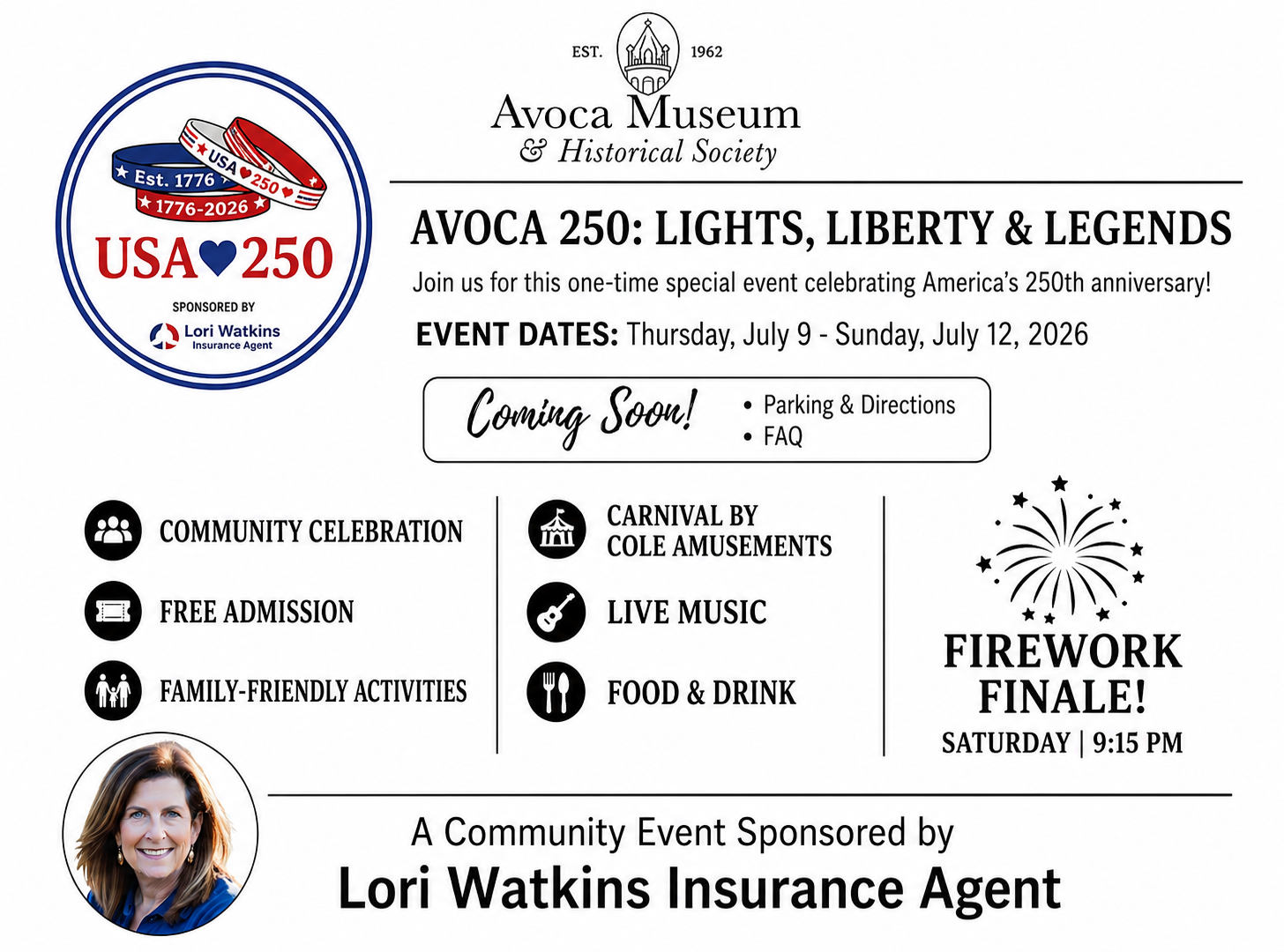 ???????? Celebrate 250 years of American history with the Avoca community! Join us July 9–12 for Avoca 250: Lights, Liberty & Legends featuring free admission, family-friendly activities, live music, delicious food, a carnival by Cole Amusements, and a spectacular fireworks finale on Saturday night. We’re proud to sponsor this special celebration and hope to see you there!