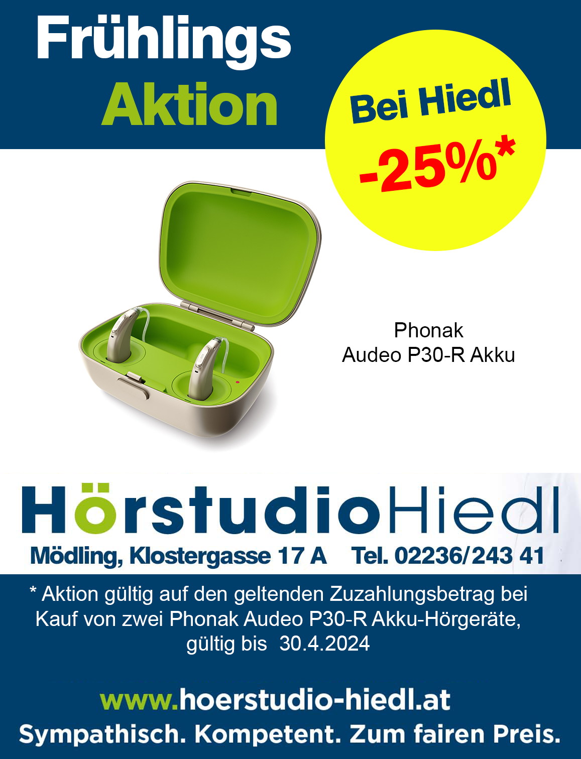 Bild zu Nutzen Sie die Frühlingszeit, um Ihr Hörerlebnis zu verbessern! Hörstudio Hiedl freut sich, Ihnen eine exklusive Aktion anzubieten: Erhalten Sie satte 25%* Rabatt auf das Phonak Audeo P30-R Akku Hörgerät.