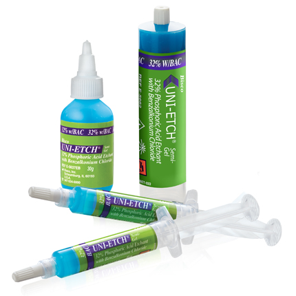 Uni-Etch w/BAC is a 32% phosphoric acid semi-gel etchant that is effective at quickly etching enamel and dentin. Uni-Etch w/BAC is polymer-thickened and effectively removes the smear layer, etches and demineralizes enamel and dentin. It is easily manipulated into small areas such as endodontically treated root canals and undercuts. This makes it more versatile than some thicker gel etchants for etching all restorative surfaces. Published research proves that BISCO etchants produce higher bond strengths to (wet or dry) dentin1 and enamel.