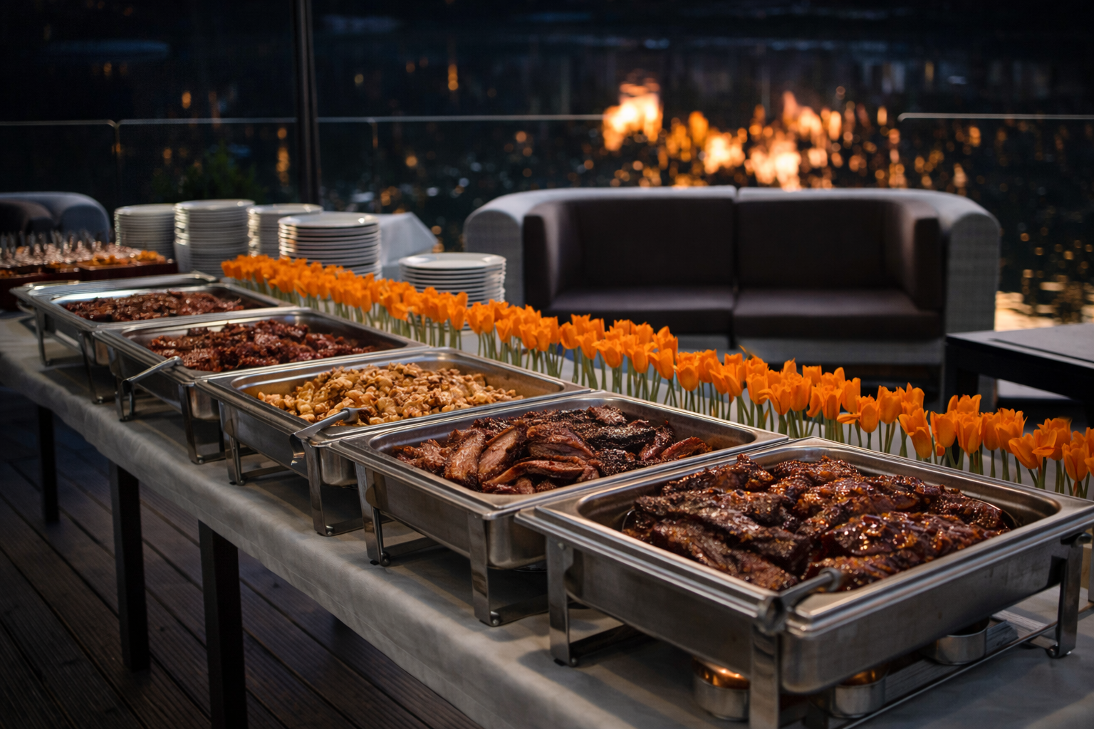 OVK BBQ catering featuring smoked chicken, smoked meats, macaroni and cheese, and homestyle sides arranged in a clean and professional event presentation.