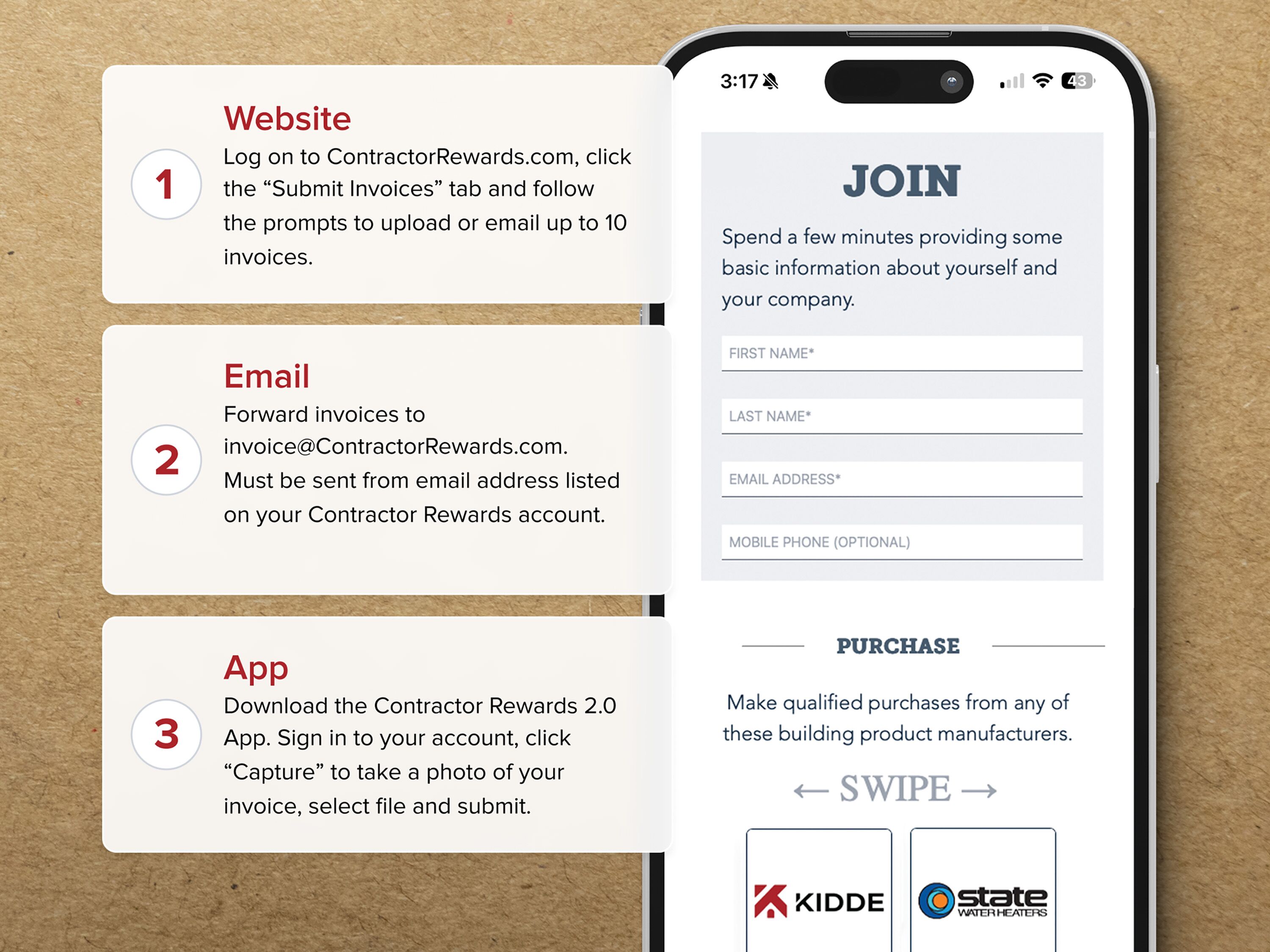 Image of a phone with the steps to sign up