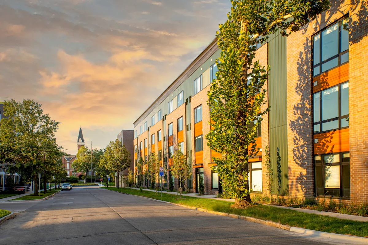 Street view of Canary Lofts at sunset