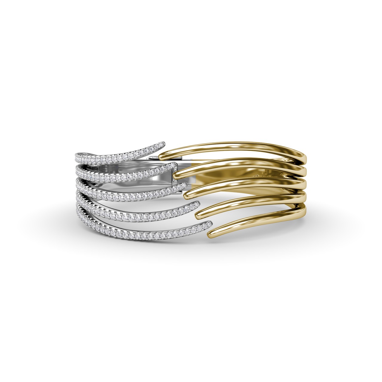 This Sylk two-toned bangle features a sleek open design, with one side showcasing sparkling diamonds set in white gold, while the other side is crafted from classic polished yellow gold. The overlapping lines of diamonds and gold create a fluid, effortless beauty. The high polished gold creates a mirror-like finish, allowing light to radiate off the bangle. This design is offered exclusively in 18K Gold