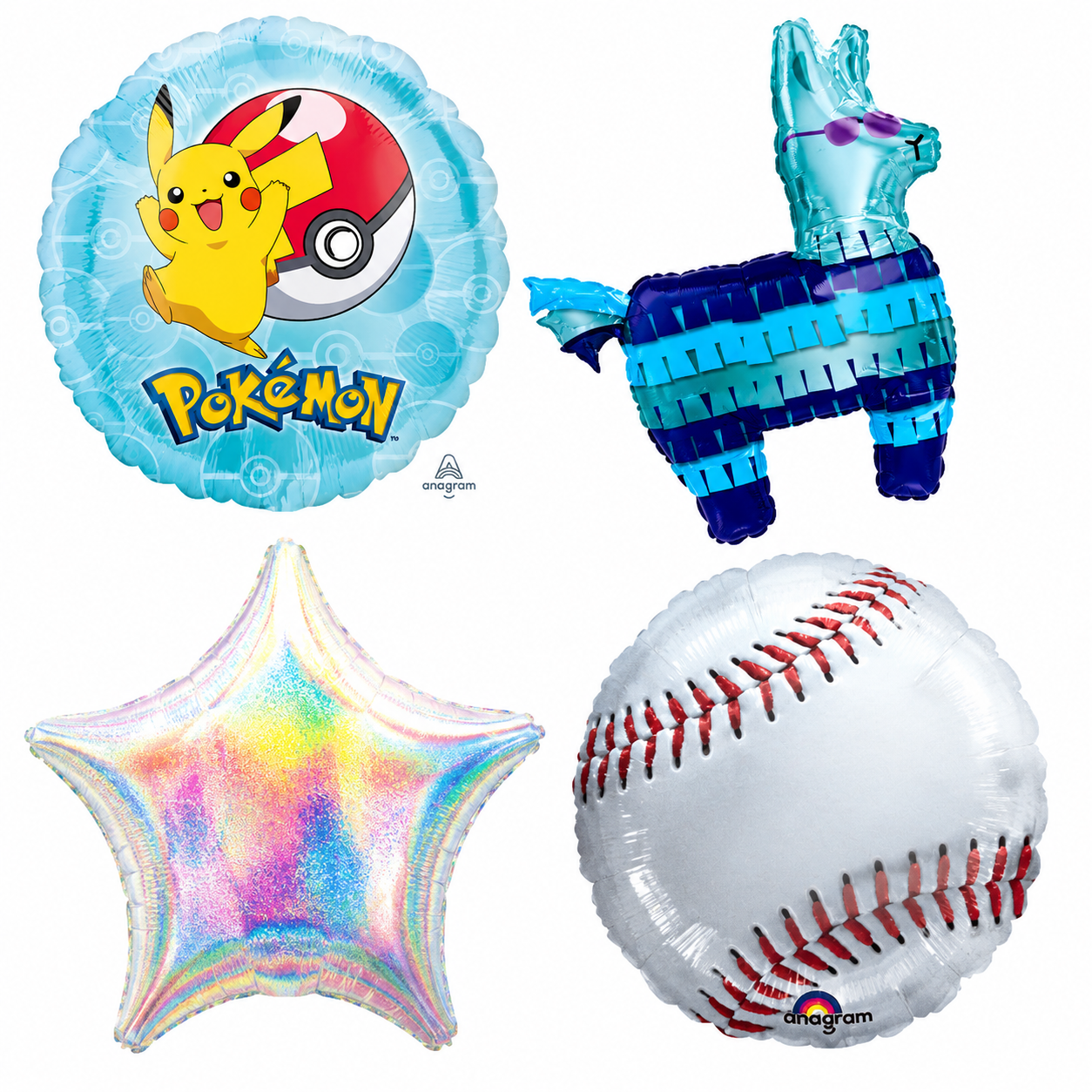 A colorful assortment of mylar party balloons featuring themed, sports-inspired, and decorative designs ideal for birthdays, celebrations, and special occasions.