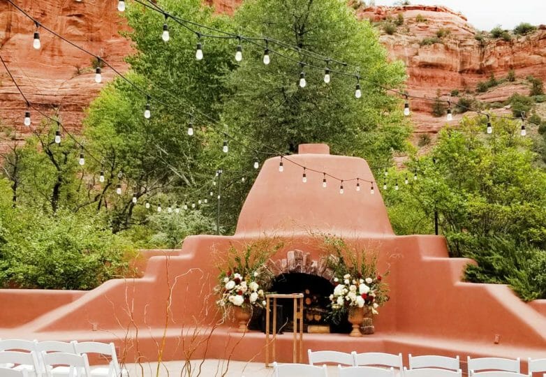 Outdoor fireplace with lights Enchantment Resort Sedona (928)282-2900