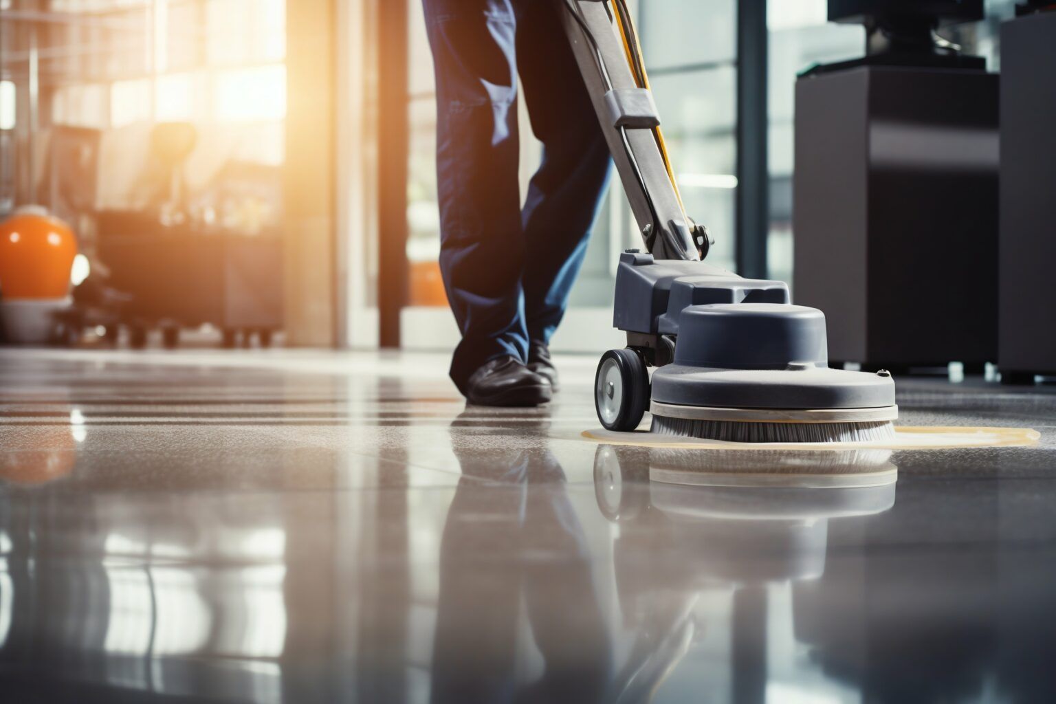 Professional cleaner operating floor polishing machine in commercial space, restoring shine to hard surface flooring with visible reflection, modern interior setting, and advanced equipment ensuring efficient, high-quality cleaning results.