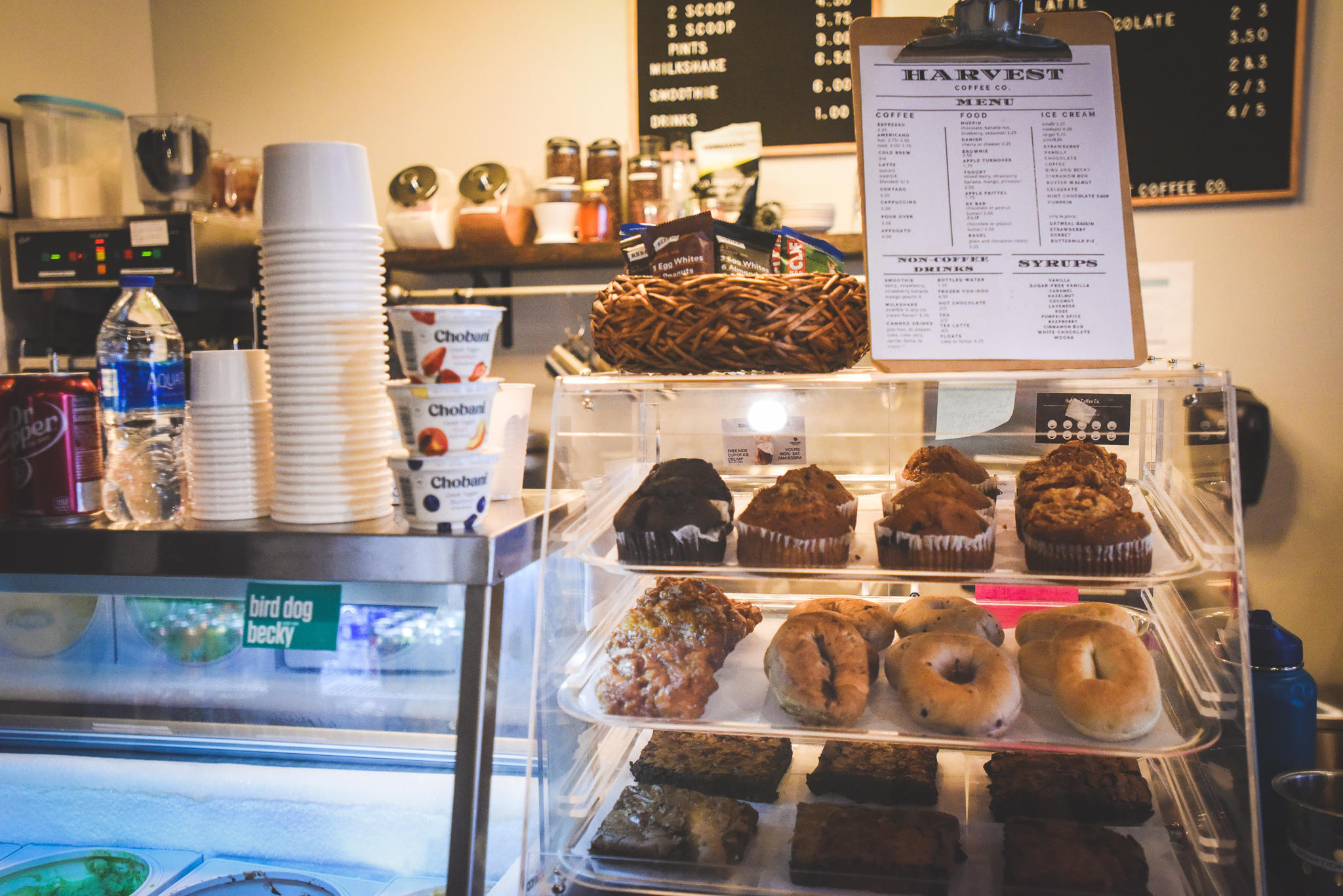 Harvest coffee menu, pastries and ice cream