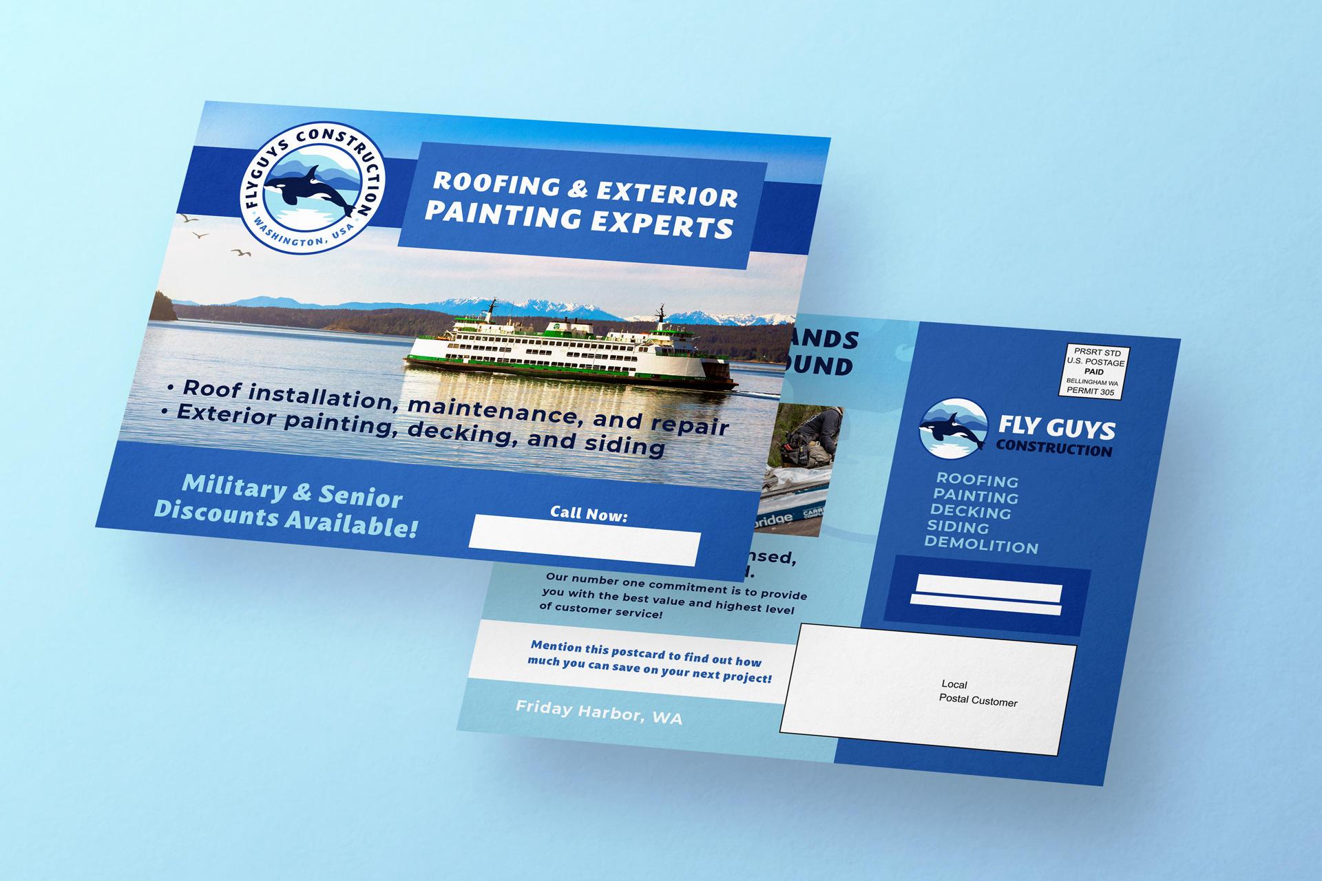 Direct mail postcard designed by Jack & Bean for Fly Guys Construction, a roofing and exterior paint 