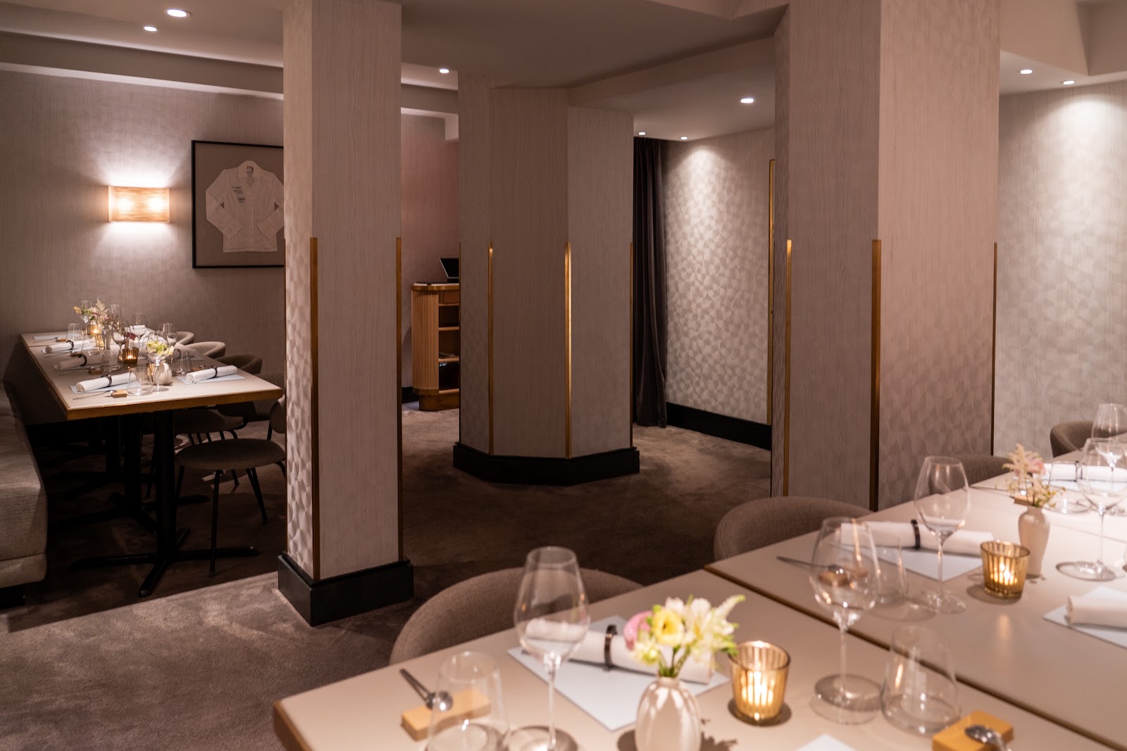 A curtain inside Essential by Christophe, a French restaurant on the Upper West Side near Lincoln Center.