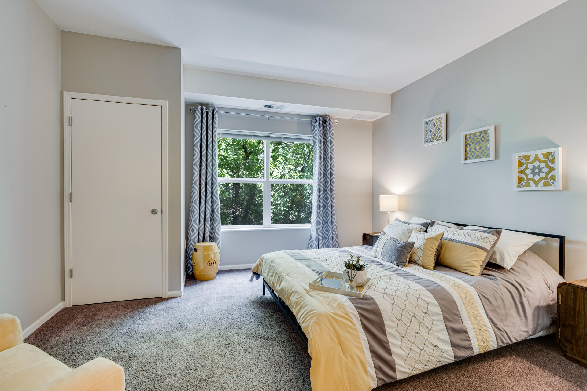 Bedroom Featuring Plush Carpeting & Large Windows