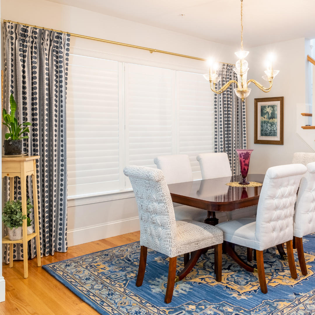 Shutter and drapes-- a stunning combination Budget Blinds of Port Perry Blackstock (905)213-2583
