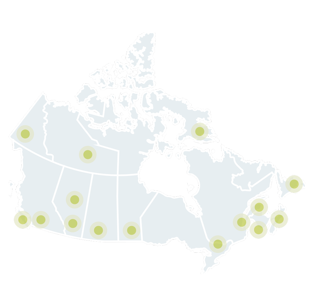A map of Canada with a dot on all capital cities.