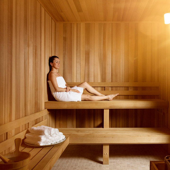 Interior of the sauna at AquaVie Fitness + Wellness Center.