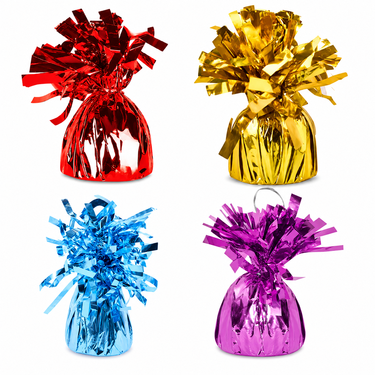 A colorful collection of metallic balloon weights in red, gold, blue, and purple, perfect for birthday parties, celebrations, events, and festive balloon arrangements.