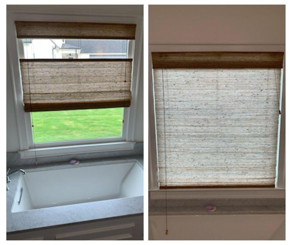 Enjoy a soothing bath with the perfect balance of privacy and natural light. These Acworth, GA homeowners loved the new Top-Down, Bottom-Up Bamboo Shades we installed for them. #BudgetBlindsKennesawAcworth #BambooShades #NaturalShades #AcworthGA #FreeConsultation #WindowWednesday