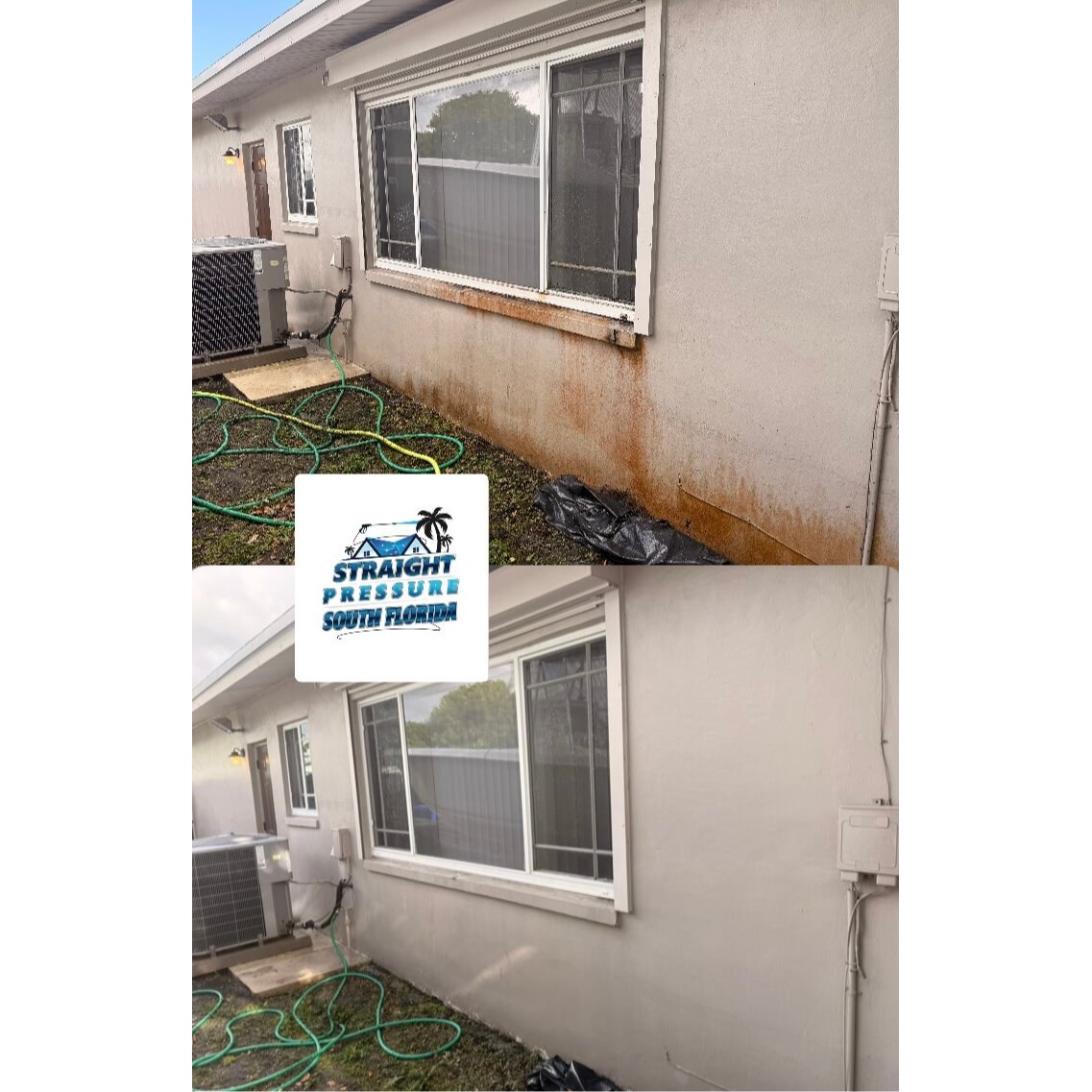 Exterior window area and wall soft wash cleaning in Cooper City, FL. Safe and professional stain removal by Straight Pressure South Florida.