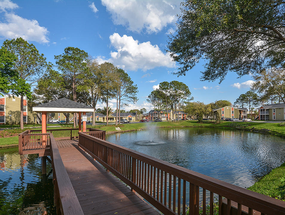 Spacious Pond With Fountain & Deck