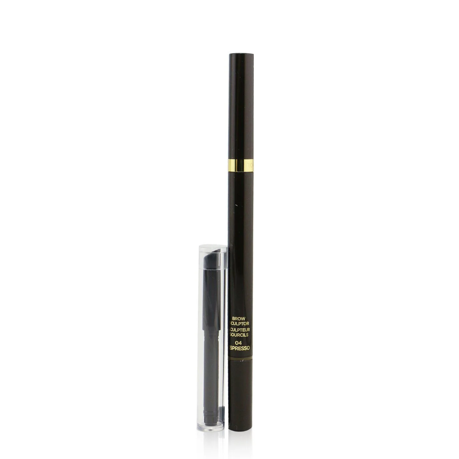A black and gold brow pencil and its clear cap are shown against a white background. The pencil has text printed on it that reads 'BROW CULPTOR CULPTEUR SOURCILS 04 SPRESSO'.