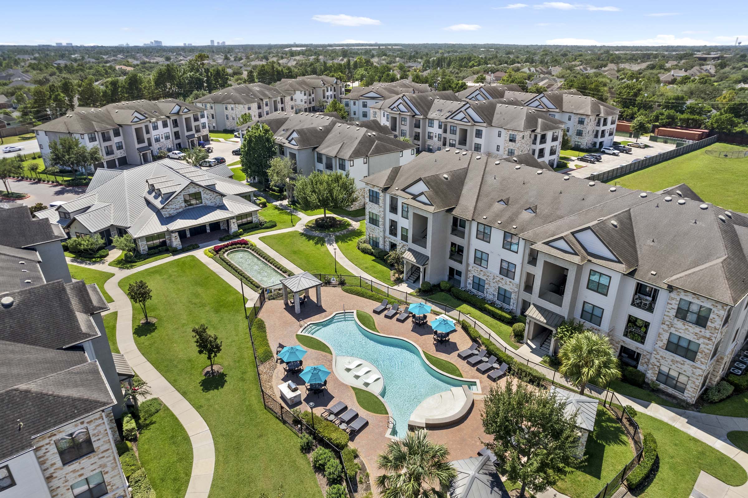 Aerial view of pool and clubhouse.