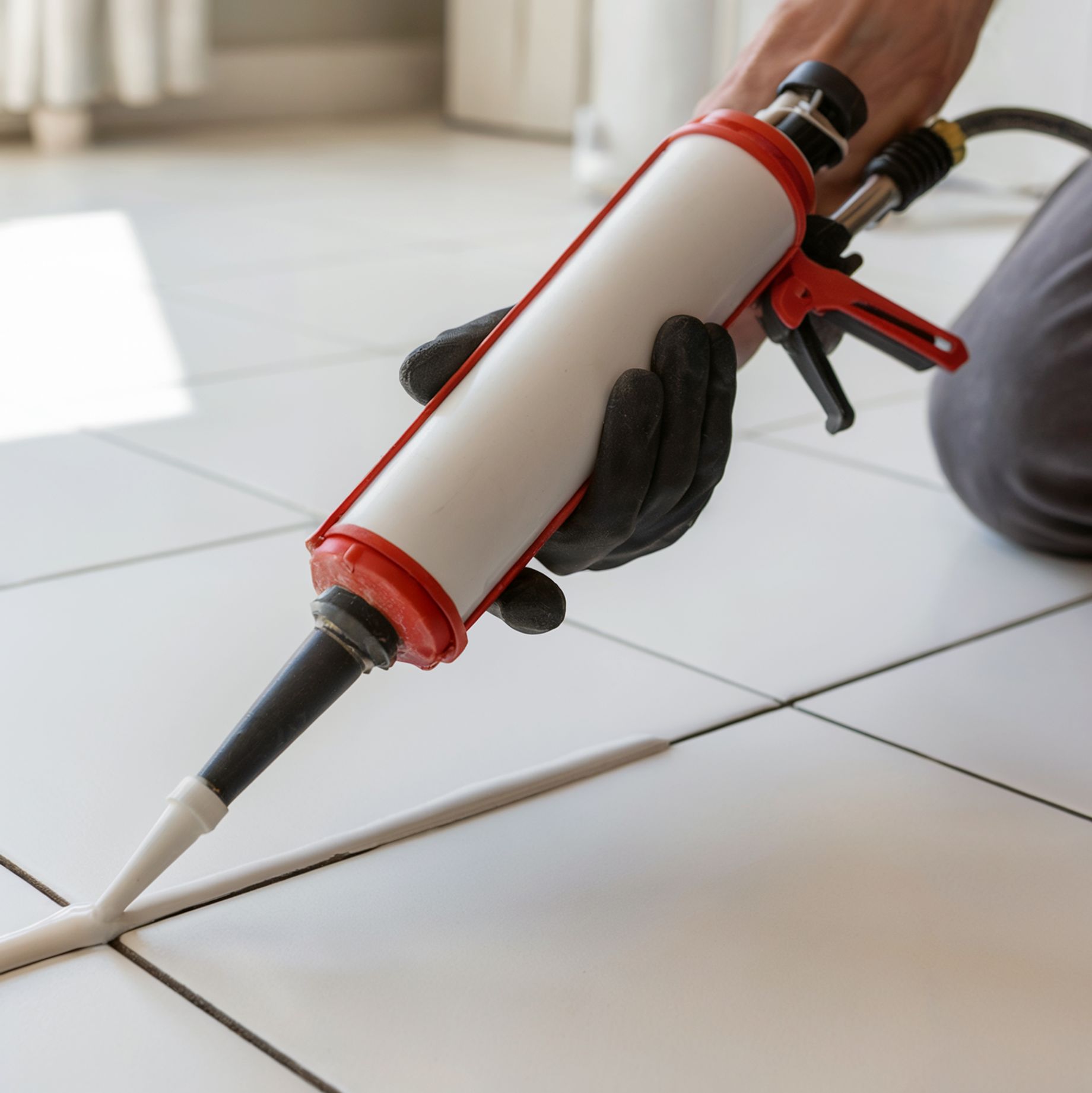 A person wearing black gloves is using a caulk gun to apply a white sealant to the grout lines of a  