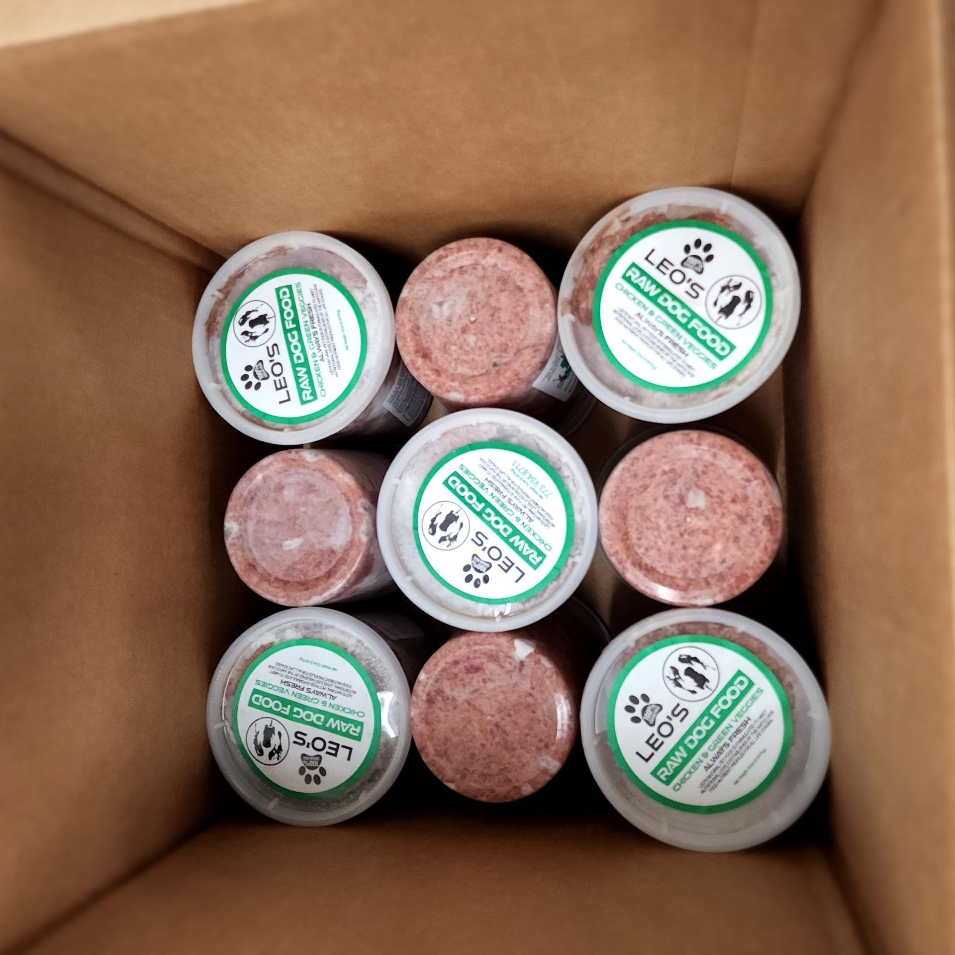 Top view inside a cardboard box filled with multiple containers of Leo’s Raw Dog Food. The round containers display green labels and hold frozen raw meals for dogs.