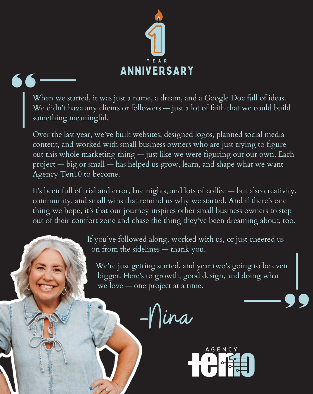 Graphic celebrating Agency Ten10&rsquo;s one-year anniversary, featuring a message about the company&rsquo;s journey and a photo of the founder smiling.
