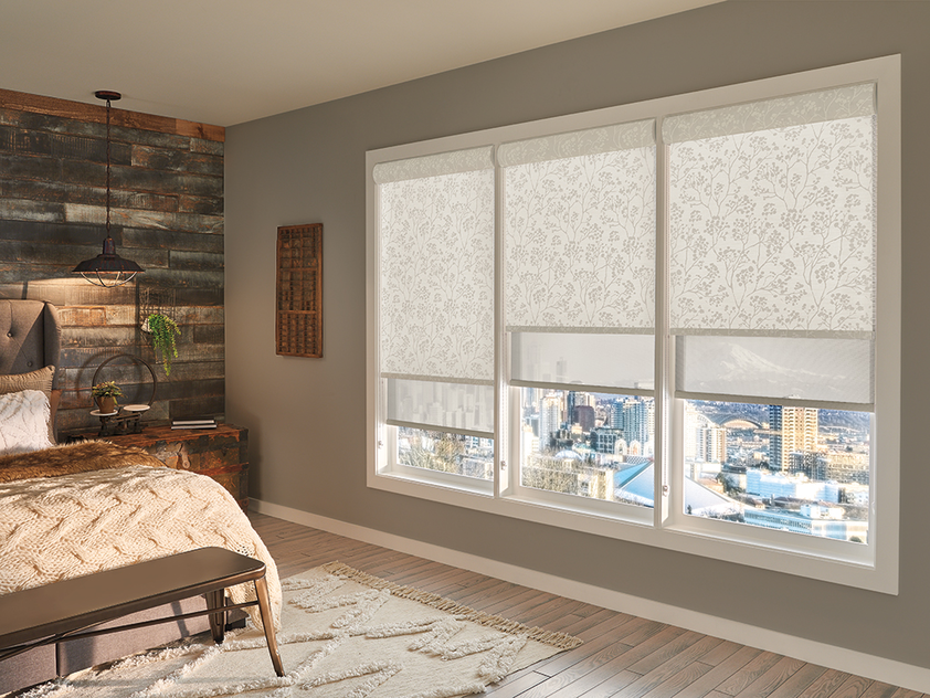 Dual Roller Shades means you have two roller shades in one window treatment. Select a room darkening or light filtering roller shade for the back and a patterned roller shade for the front. They are great for master bedrooms, living rooms, or even media rooms. Dual roller shades offers the best of t