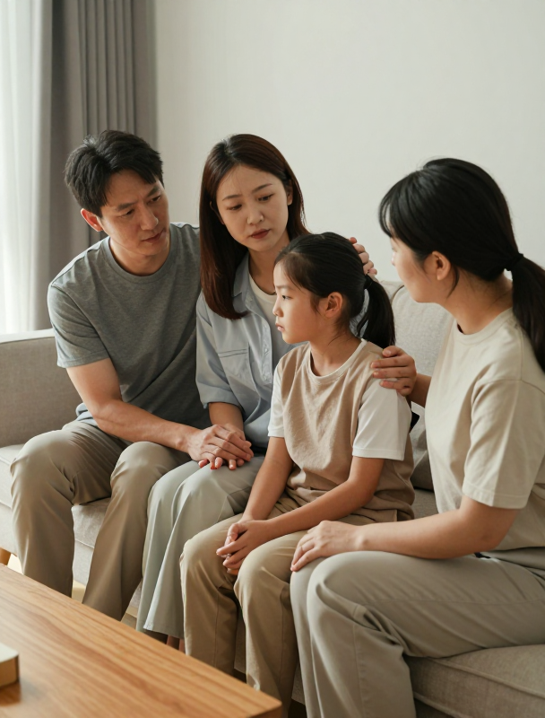 A family of four, two parents and two children, sit closely together on a couch, appearing to be in a serious or somber conversation. The father is on the left, with his arm around the mother. The mother is next to him, looking down at their daughter, who is in the center. The second daughter is on the right, with her hand on the center daughter's shoulder, also looking at her. The family is dressed in casual, neutral-toned clothing. The setting appears to be a living room, with a couch, a wooden coffee table in the foreground, and curtains in the background.