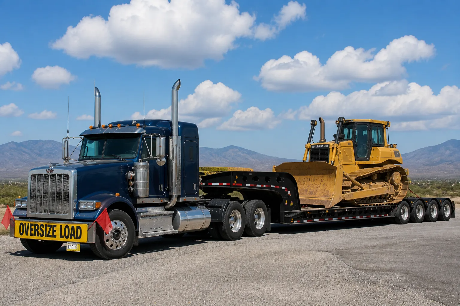 Blue semi truck transporting a bulldozer on a lowboy trailer. Heavy haul transportation service moving oversized construction equipment safely across highways for industrial and infrastructure projects.